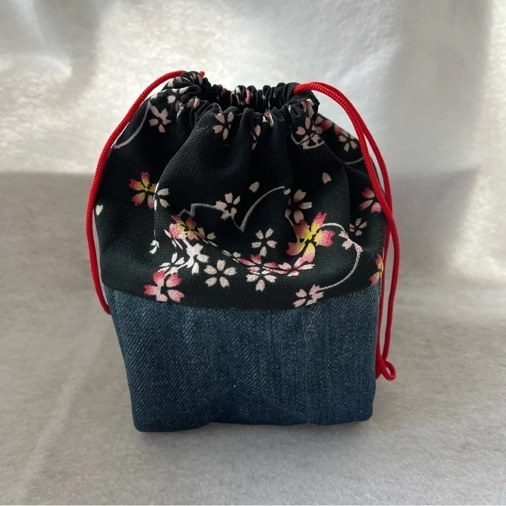 CHERRY BLOSSOM Drawstring Cosmetic Bag Denim Blue Pink Sakura